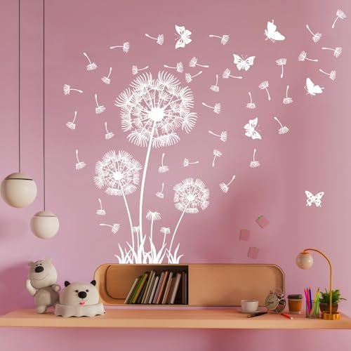 Pusteblume Fensterbilder, Selbstklebend Fensterbilder Weiß mit Löwenzahn Schmetterling Pflanzen Blumen 54X30cm für Wohnzimmer Schlafzimmer Bad Küche Fensterdeko Glas Dekoration