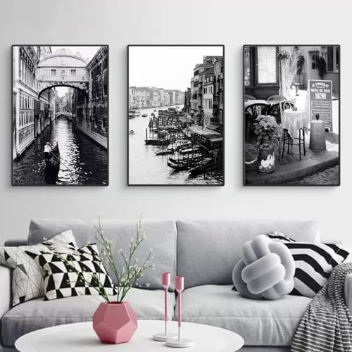 Uixxducc 3-teilige Premium Poster Set, Schwarz Weiß Stadtlandschaft Bilder, Modern Wandbilder Ohne Rahmen, Deko Wohnzimmer und Schlafzimmer (50x70cm,ABC)