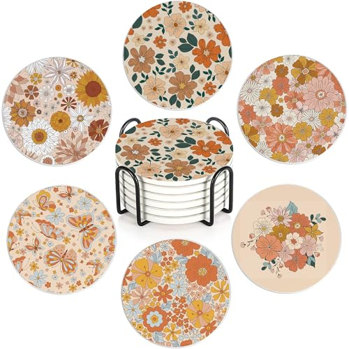 Retro 70s 60s Floral Hippie Flowers Set of 6 Absorbent Ceramic Coasters with Cork Base & Holder,10cm Round Drink Mats for Mugs, Wine Glasses - Spill Protection for Wood/Glass Tables