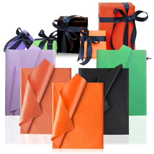 50 Blatt Halloween Seidenpapier Bulk-35 x 50 cm Halloween Geschenkpapier,5 Farbe Orange Schwarz Violett Grün Rot Geschenk Verpackung, Geschenkpapierbögen,Seidenpapier für DIY Hallo-ween Dekoration