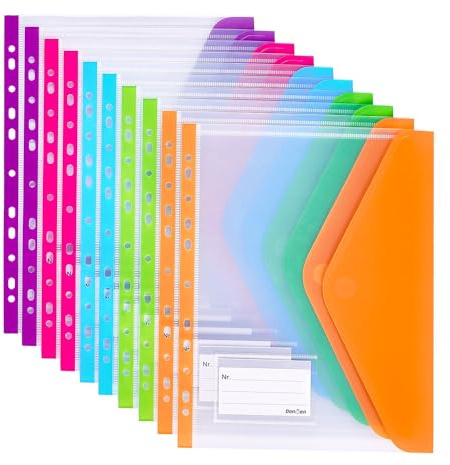 Donken Dokumententasche A4 Abheftbar, Wasserdichte Dokumentenmappe Sammelmappen mit Klettverschluss & Etikettentasche, Bunte Mappen für Dokumente Organisieren (10 Stück, Bunt)