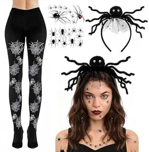 Haiyore Spinnenkostüm Damen Set, Haarband Spinne mit Augen, Strumpfhose mit Spinnennetz, Halloween Spinne temporäre Tätowierung, für Fasching Halloween Kopfschmuck