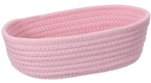 sourcing map Cesta pequeña de almacenamiento tejida de cuerda de algodón rosa, canastas tejidas de regalo, bonita caja de guardería, contenedor de organización para suministros del hogar, ovalada, 9.9