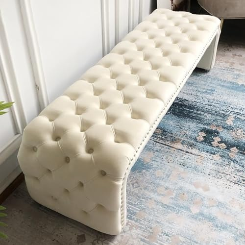 Cómodo banco de almacenamiento tapizado blanco con esquinas redondeadas, 80 cm, elegante para dormitorio, sala de estar, entrada, acogedor reposapiés con botones