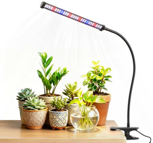 Sonamindary LED Grow Light for Indoor Full Spectrum Clip Plant Growing Lamp | Single Head, 5700K, Red Blue White 60 LEDs, 5-Levels Dimmable, Auto On Off Timing 4/8/12/18Hrs