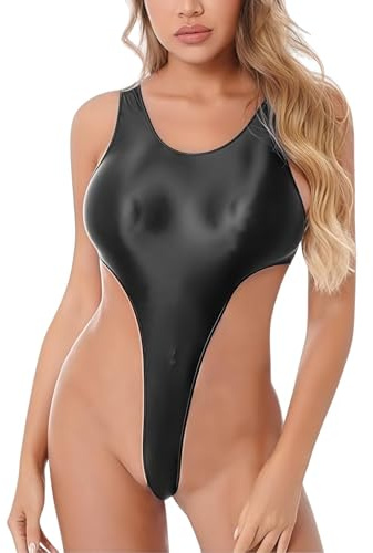Hybursky Women's Shiny Glossy Leotard, Sleeveless U Neck High Cut Thong Gymnastics Bodysuit, Low Back Solid Sparkle Dance Jumpsuit, Slim Fit One Piece Leotard for Training Swimwear Yoga Gym Workout