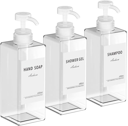 Anhow 3 Stycken Tvåldispenser, 650 ml Tvåldispenser Badrum med Etikett för Badrum Dusch Kök Schampo och Duschtvål - Transparent