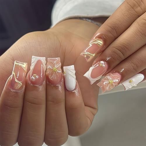 Vesavifaka Ongles à Presser Printemps, Ongles Artificiels Carrés Blancs Moyens, Ongles avec Fleurs Roses en 3D et Design de Perles Dorées, Pointes Dorées