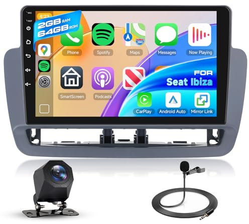 Hodozzy 2GB+64GB Android Autoradio pour Seat Ibiza 2012-2015 Carplay sans Fil Android Auto, Écran Tactile 9 Pouces, GPS WiFi, Bluetooth, FM/RDS, Mirror Link Radio 2 Din Voiture pour Seat Ibiza Caméra