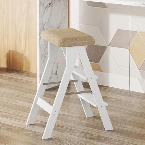 Tragbarer Klappleiter aus Holz – 2-in-1 Trittleiter & Fußhocker für Erwachsene, max. Gewicht 100 kg, perfekt für Haus, Garten, Bibliothek, stilvolles Weiß mit Kissen