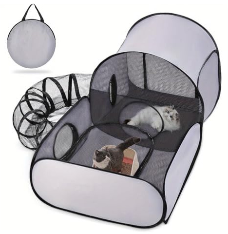 Faltbarer Katzenlaufstall mit Tunnel,Tragbares katzenzelt,Welpenauslauf Faltbar,Multifunktionaler Outdoor-Laufstall mit atmungsaktivem Netz für Katzen,Welpen und Kleintiere
