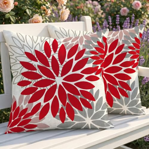 Luzzxfa 2er Set Outdoor Kissenbezug 40x40 cm Wetterfest Dahlien Dekokissen Zweiseitiges Muster Rot Grau Blumen Sofakissen Modern Kissen Leinen Kissenbezüge Dekorative für Sofa Garten Balkon Camping