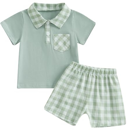 eqenkely Completi per Bambino Neonato Set di Vestiti Estivi Poloshirt Top da Maniche Corte e Pantaloncini da Quadri Elastiche 2 Pezzi Vestiti Outfit Set Verde 6-12 mesi