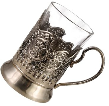 Pocoiau Lot de 2 verres à thé en cristal coupe russe avec supports en métal Podstakannik pour liquides chauds ou froids Design rétro