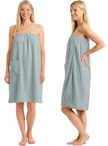 CalmySPA Leicht Frottee Saunakilt Damen - Saunahandtuch Baumwolle mit Gummizug und Knopf Saunakleid Saunatuch Sauna Handtuch Kleid Frauen Kilt (Blau)