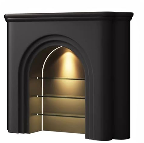 Cheminée en marbre Armoire de cheminée décorative avec éclairage LED et étagères, rangement arqué moderne Cadre de cheminée(Noir,Petit)