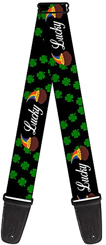 GS-W37149 Gitarrengurt mit Schnalle, Motiv St. Pat's Lucky Pot of Gold/Kleeblatts, Schwarz/Grün/Weiß