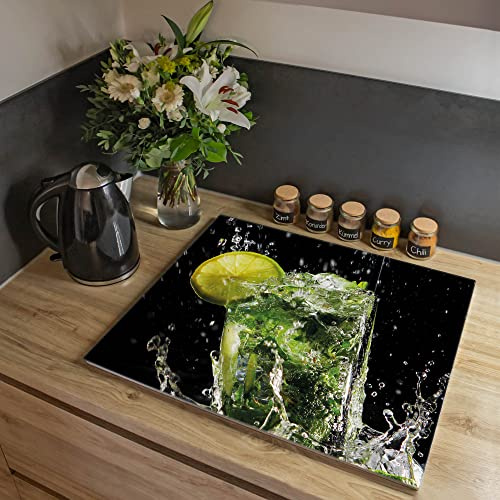 banjado Ceranfeld Abdeckung mit Essen und Küche Design appetitlich aus Glas, einteilige Herdabdeckplatte 60x52 cm, Schneidebrett Glas und Spritzschutz Küche, rutschfest, Motiv Brasilianischer Cocktail