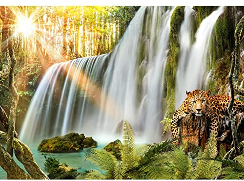 Runa Art Fototapete Wasserfall Leopard Modern Vlies Wohnzimmer Schlafzimmer - Made in Germany - 308 x 220 cm Grün Orage 9394010a