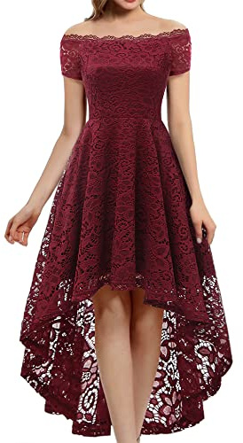 Dressystar Women's Lace Cocktail Dress Hi-Lo Off Shoulder Bridesmaid Swing Formal Party Dress 0042 Burgundy XL