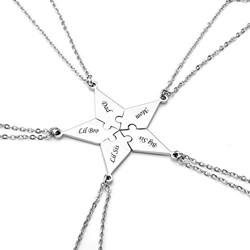 PiercingJ Personalized Gravur 5x Edelstahl Pentagramm Puzzle-Anhänger Halskette Freundschaftsketten Partner Anhänger mit 24 Kette für Herren Damen, Silber (mit Gravur)