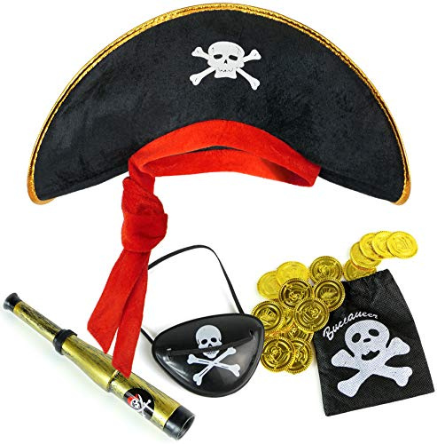 Balinco Piratenset, Piratenkostüm Zubehör, Piratenhut, Augenklappe Pirat, Piratenschatz, Fernrohr Attrappe, Seeräuber Karneval, Fasching, Halloween
