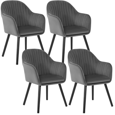 WOLTU Esszimmerstühle 4er Set, Küchenstühle gepolstert | mit Armlehne, Massivholzbeinen, Sitzfläche aus Samt, für Schlafzimmer Küche Wohnzimmer, Dunkelgrau