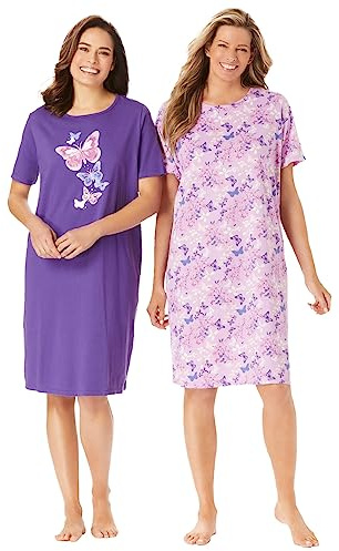 Dreams & Co. Plus Size 2-Pack Short-Sleeve Sleepshirt - 3X/4X, Plum Burst Floral Butterfly
