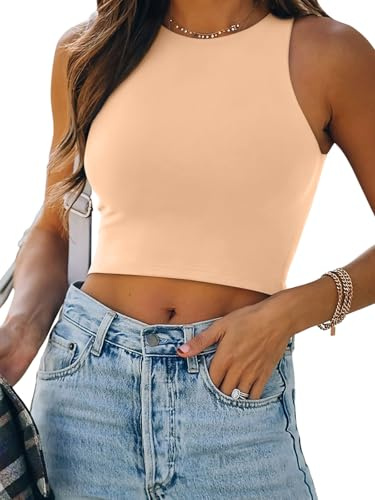 REORIA Butsmooth® Donne Senza Maniche Halter Collo Doppio Foderato Casual Basic Tank Crop Top, Nude, XL