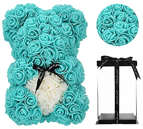 Geschenke für Mama, Geburtstagsgeschenk für Frauen, Valentinstagsgeschenk, Bär, Rose Teddybär in Einer Geschenkbox, vollständig zusammengebaute Geschenkbox, Hochzeit und Jubiläum… (T blau)