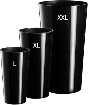 MELTOM Blumenkübel 3er Set Rund Ø 25+29+40 cm Schwarz Hochglanz mit Einsatz | Gefäße 21+28,4+76 L, Innentöpfe 9,5+12,5+29,5 L herausnehmbar · Höhen 46,5 / 57 / 75 cm · Innen & Außen · ohne Abflussloch