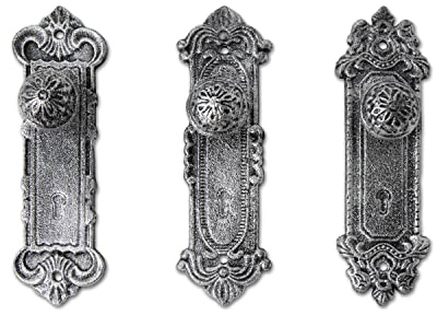 Shabby Chic Cast Iron Decorative Wall Mounted Hooks – Silver/Black - Door Knob Coat Hooks - Set of 3 - Screws and Anchors Included - Antique Wall Hooks for Hanging Clothes