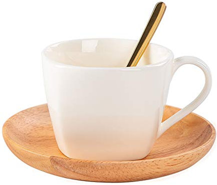 Tazze Tazze da caffè in porcellana bianca 6.8 oz con piattino in legno e cucchiaino dorato tazza di cappuccino in ceramica, tazza di latte per il caffè del tè .Tazza di caffè