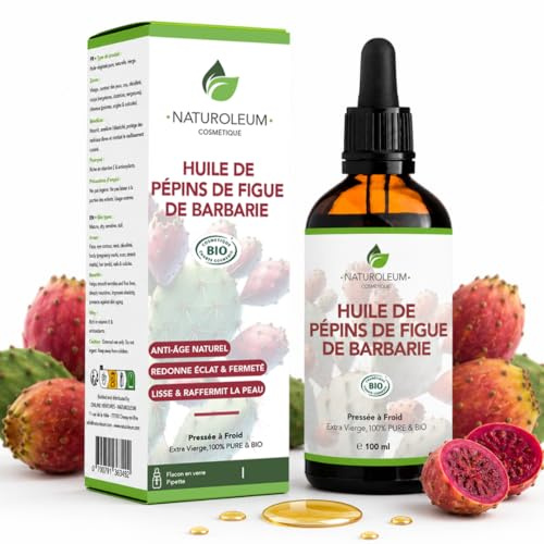 Naturoleum - Huile de Pépins de Figue de Barbarie Bio 100% Pure, Pression à Froid, Anti âge, Régénérante, Rides Peau Mature, Riche en Vitamine E, Visage, Flacon Verre Pipette 100 ml