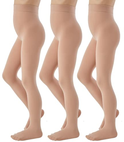 MANZI Ballet Tights for Girls Footed Dance Tights 3 Pairs Ultra-Soft Age 6-8(Natural,L)