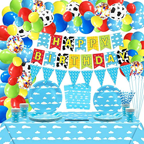 Blauer Himmel weiße Wolken Zubehör, inklusive Luftballons, Happy Birthday Banner, Tischdecke, Pappteller, Pappbecher, Servietten für Kinder Geburtstagsgeschichte Party Dekorationen