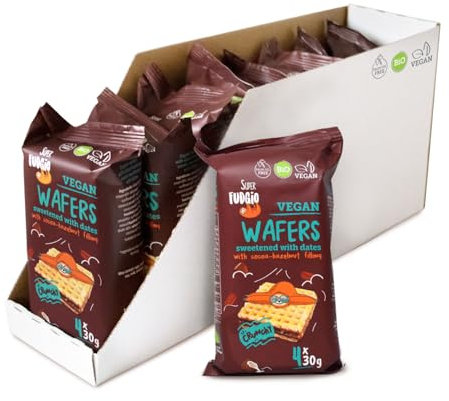 SUPER FUDGiO Cialde biologiche con crema di cacao e nocciole, addolcite con datteri invece di zucchero, senza olio di palma, snack vegano, 4 x 30 g, confezione da 8 pezzi
