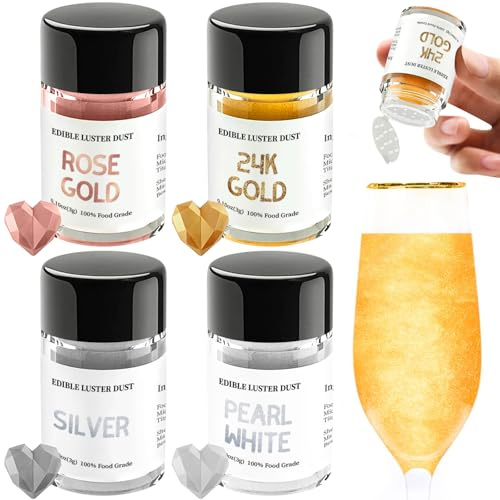 4 Colors Luster Dust Edible Set, INOCERIS Luster Dust Set for Cocktails, Drinks, Baking, Beverages, Cakes, Strawberries, Cookies, Fondant, Vegan 3g Food Grade Drink Glitter