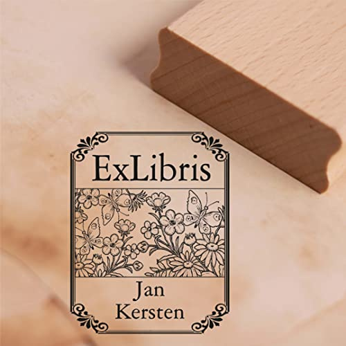 Ex Libris stämpel vår fjärilar och blommor med namn – vintage ram – Exlibris bok märke motivstämpel trästämpel – 38 x 48 mm