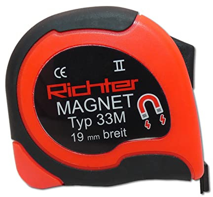 Taschenrollbandmaß 3m mit Magneten - verschiebbarer Anschlag für Außen- und Innenmaß - mit Feststeller und Gürtelklemme - beidseitige mm-Einteilung auf Vorder- und Rückseite