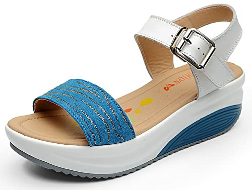 CRETUAO Sandales à Semelles épaisses pour Femmes Chaussures à Bascule Classiques à Bout Ouvert Sandales de Plage décontractées en Plein air,Bleu,39 EU