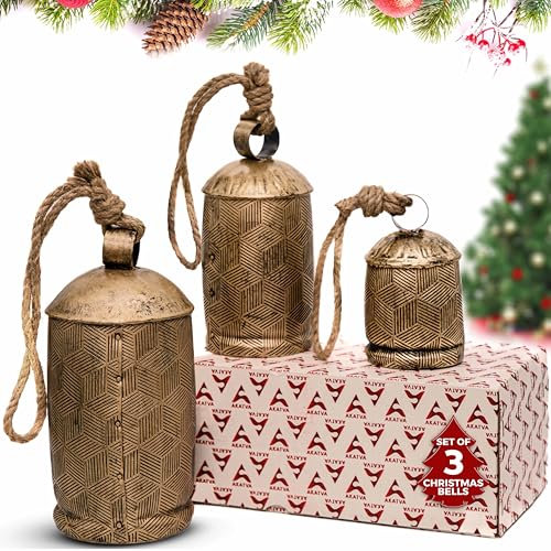 Akatva Große Weihnachtsglocken zur Dekoration - Kuhglocken für rustikale Weihnachtsdekoration - Goldglocken für Weihnachtsdekorationen - Vintage Glocken - Rustikale Glocken auf Seil - 3er Set Antik