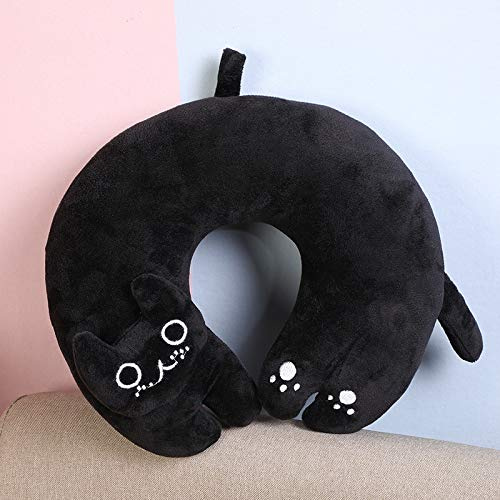 OWKAY Niedliches Kaninchen-Katzen-Maus-U-förmiges Kissen aus Plüsch, kreatives Cartoon-Tier, tragbar, für Büro, Reisen, Auto, U-förmiges Nackenkissen, hilft beim Schlafen, 32 x 29 cm, Schwarz