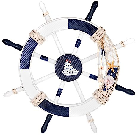 Birendy Holzdeko Steuerrad in Blau Weiß mit maritimen Keramikapplikationen Durchmesser 45cm Perfekte Maritime Dekoration