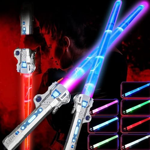 ZYGSEVE Light Saber for Kids - LED Colour Changing Lightsaber Toys With 7 Colors and FX Sounds - Extendable Light Sabers for Halloween Fancy Dress Parties, (2silver) (LS)
