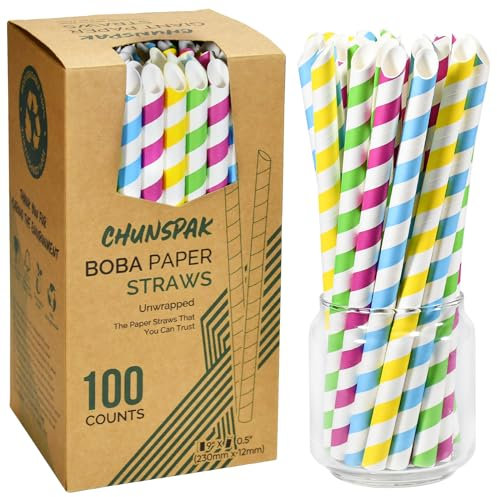 Confezione da 100 cannucce di carta per boba, bolle, frullati, frullati, 230 x 12 mm, strisce colorate