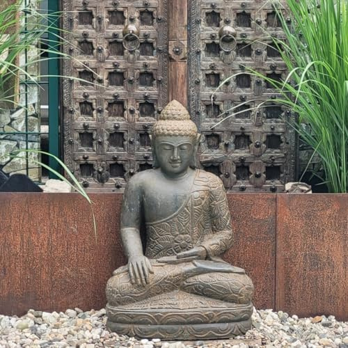 Oriental Galerie Buddha Stein Figur Statue Gartenfigur Steinfigur Dekofigur Gartendeko sitzend Massiv aus Greenstone antik Hand on Knee 100 cm