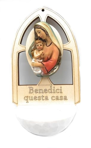 Generico Acquasantiera in legno e resina con Madonna e Bambino cm. 15