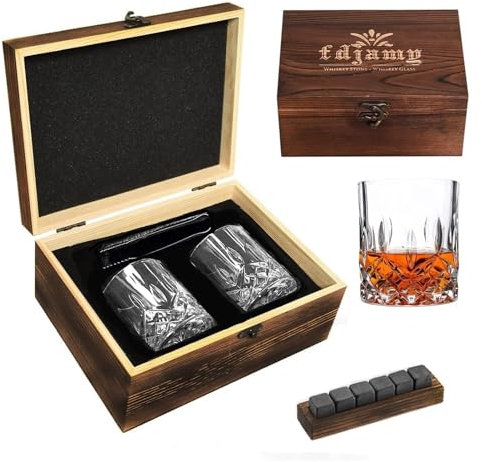 ZAANU Whisky-Steine-Geschenkset mit 2 Whisky-Gläsern, hochwertige Holzkiste mit 6 Granit-Whisky-Steinen, tolles Geschenk for Männer, Vater, Freund, Jahrestag oder Ruhestand, 161