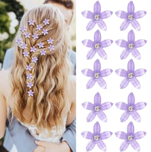 Mezrkuwr 10 Stück Lila kleine Blumen-Haarspangen, Mini-süße Strass-Metall-Haarnadeln für Frauen, Hochzeit, Haarschmuck, Braut-Haarspangen für Mädchen, dekorativ